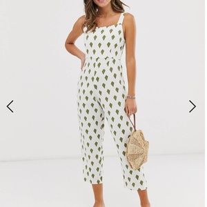 Zulu & Zephyr square neck linen beach jumpsuit in palm print